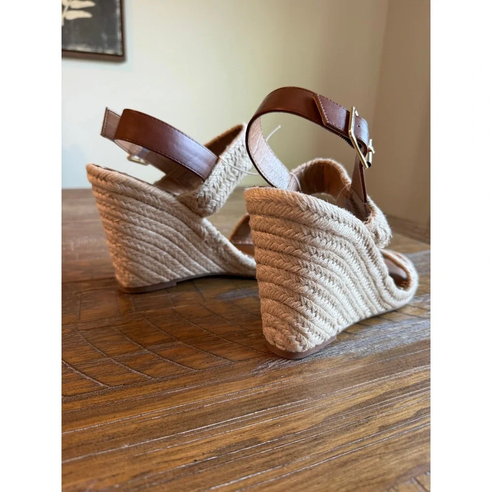 NEW Steve Madden Braided Raffia Wedge Sandals Brown Ankle Strap Square 10 Boho‎